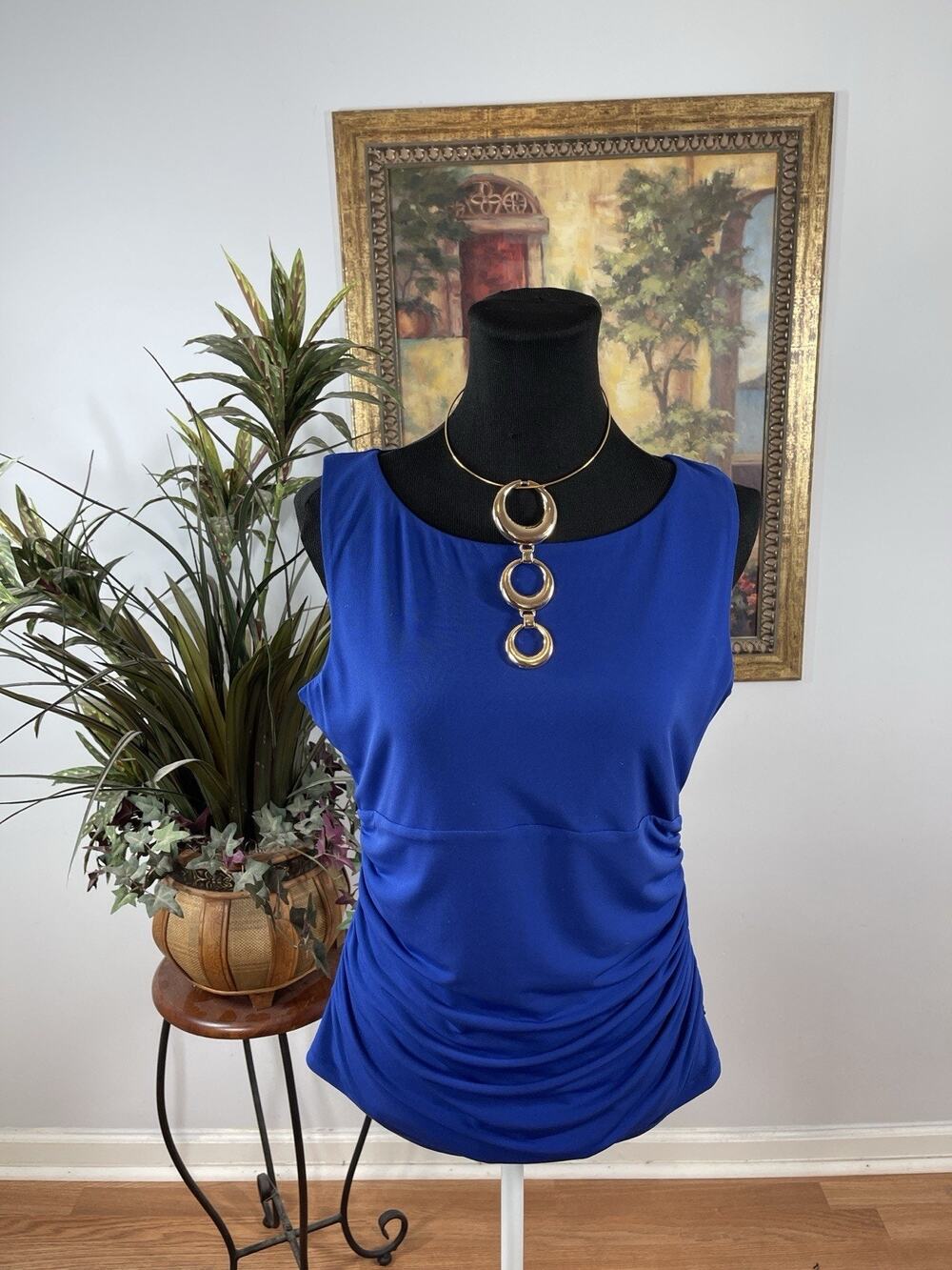 Calvin Klein Sleeveless Ruched Top Blue Stretch Career Blouse Women's XL Boho